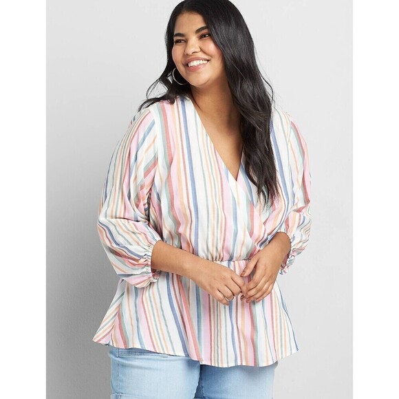 Lane Bryant Women's Blouse Top Multicolour 28 Striped V-Neck Surplice Front - Picture 1 of 11